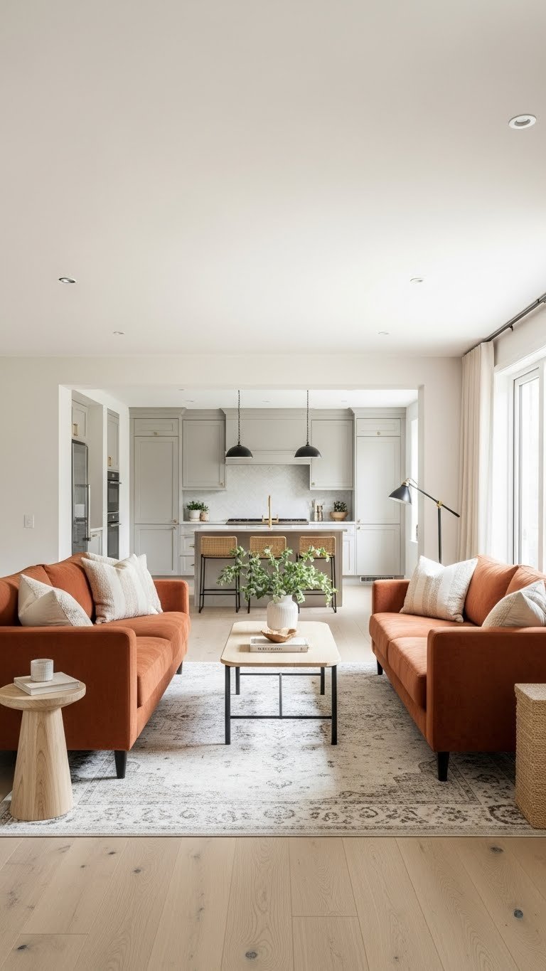 Bi-directional seating with two facing sofas on a rug in a narrow open plan living room. Earthy terracotta and creamy beige, perfect for conversation.