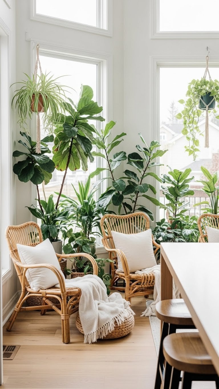 Biophilic L-shaped open concept with lush indoor plants, natural wood countertops, rattan, and linen textures. Serene modern design.
