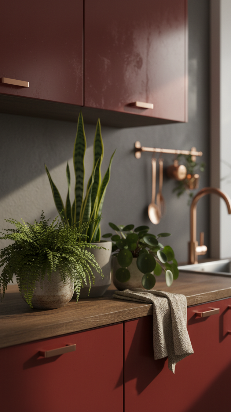 Biophilic kitchen design with rich ruby red cabinets, vibrant green houseplants, and natural textures on a dark wooden shelf.