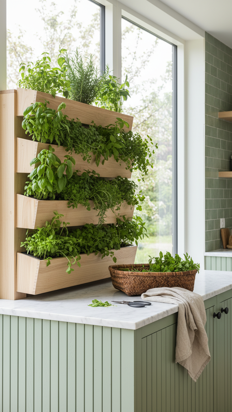 Biophilic kitchen with integrated vertical herb garden, natural light, pale wood, green accents. Large windows, fresh design.