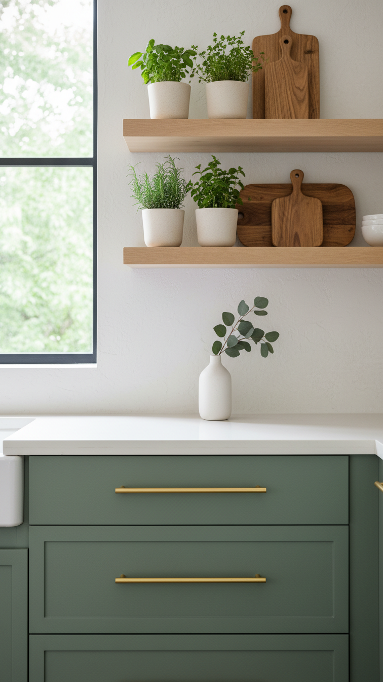 Biophilic modern kitchen featuring muted sage green cabinets, brass hardware, natural wood floating shelves, and potted herbs.