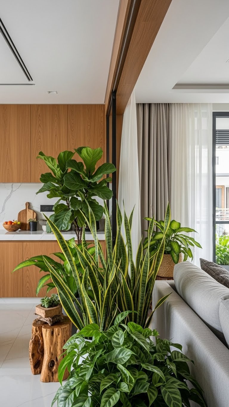 Biophilic open kitchen and living room in Indian home, lush plants, natural wood, raw furniture, soft window light.