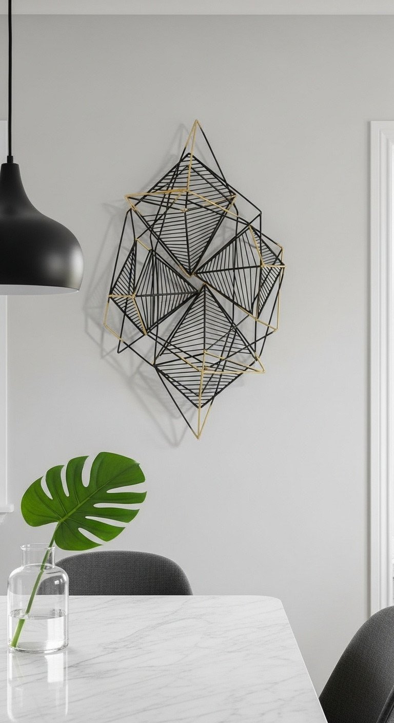 Black and gold geometric metal wall sculpture hanging on a light gray kitchen wall above a modern breakfast nook.
