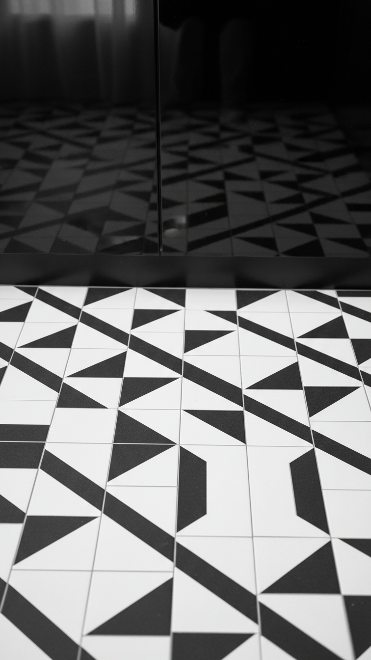 Black and white geometric tile floor contrasts with minimalist black lower cabinets. Modern kitchen design, vibrant.