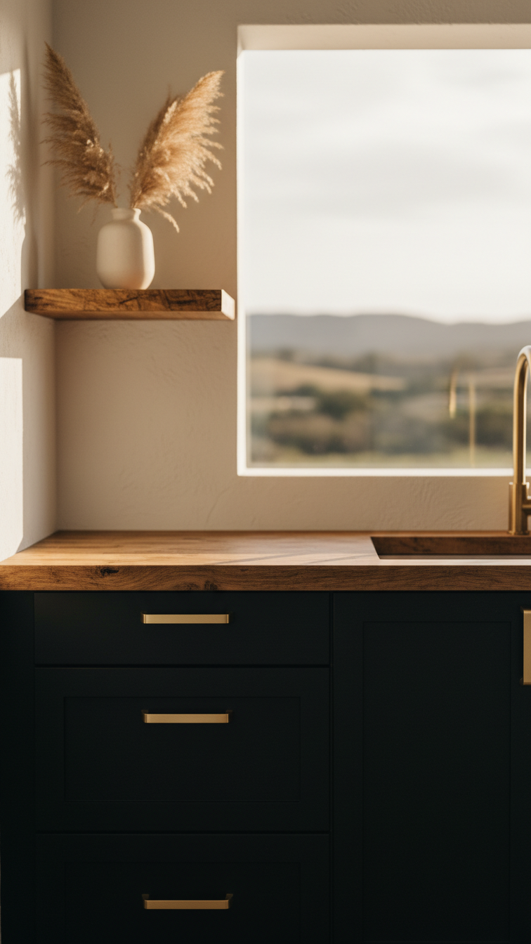 Black cabinet with natural wood butcher block, ceramic vase, brushed gold hardware. Warm, textured modern kitchen design detail.