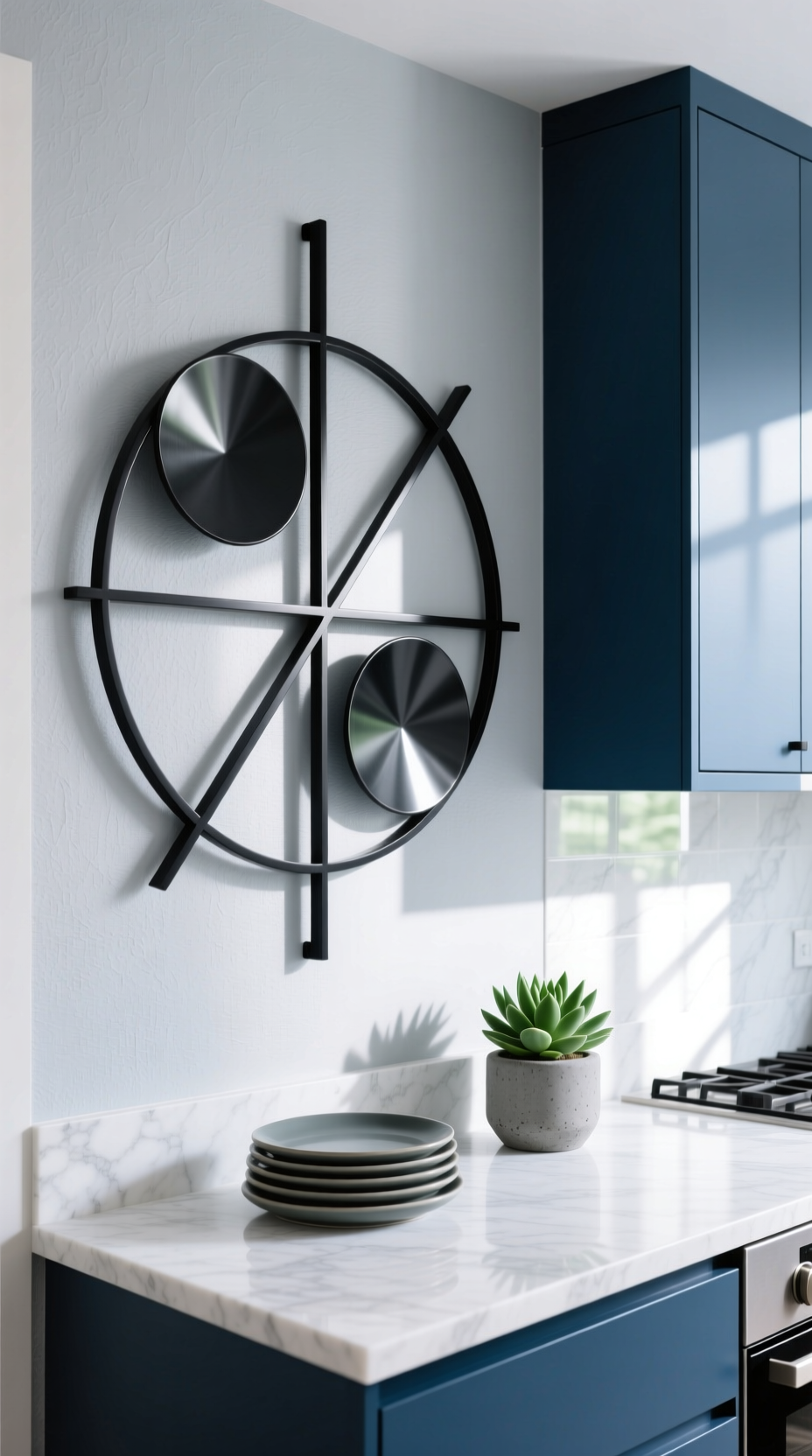 Black geometric metal wall art on a gray wall in a modern kitchen with dark blue cabinets and a white quartz countertop.