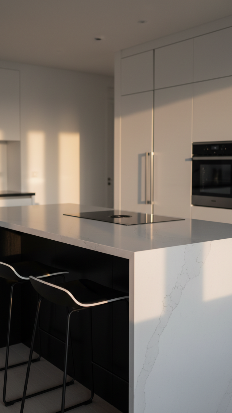 Black kitchen island with white waterfall countertop, black & white stools, black induction cooktop. Modern monochromatic kitchen.