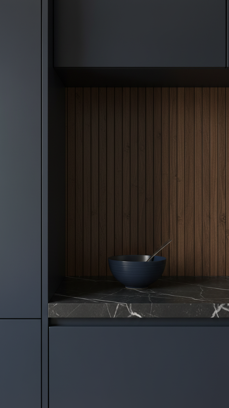 Black marble countertop meets dark wood slat backsplash in a moody kitchen, contrasting cool stone with warm textured wood surfaces.