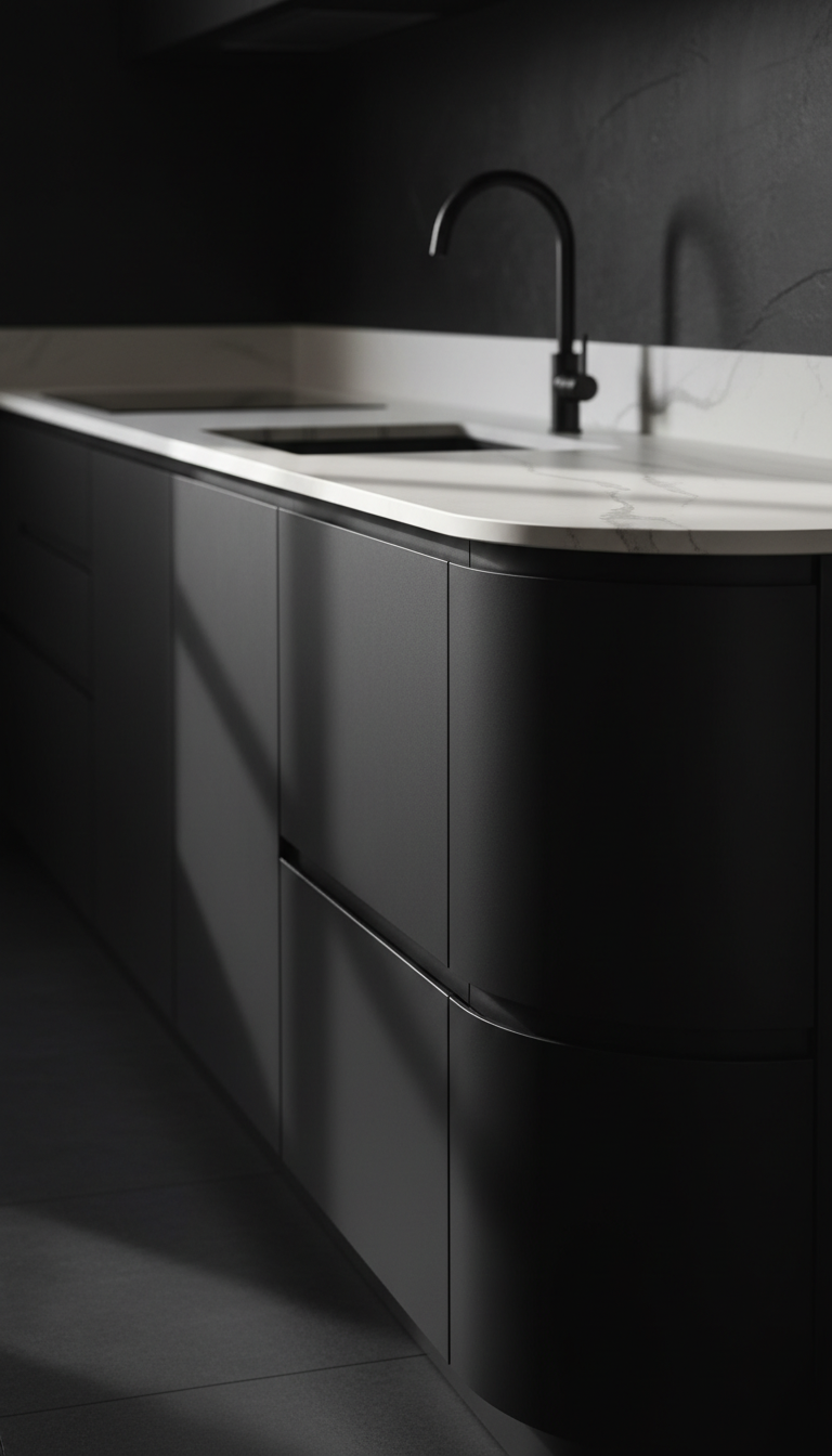 Black matte curved kitchen base cabinets, sleek design with light quartz counter, modern elegant kitchen.