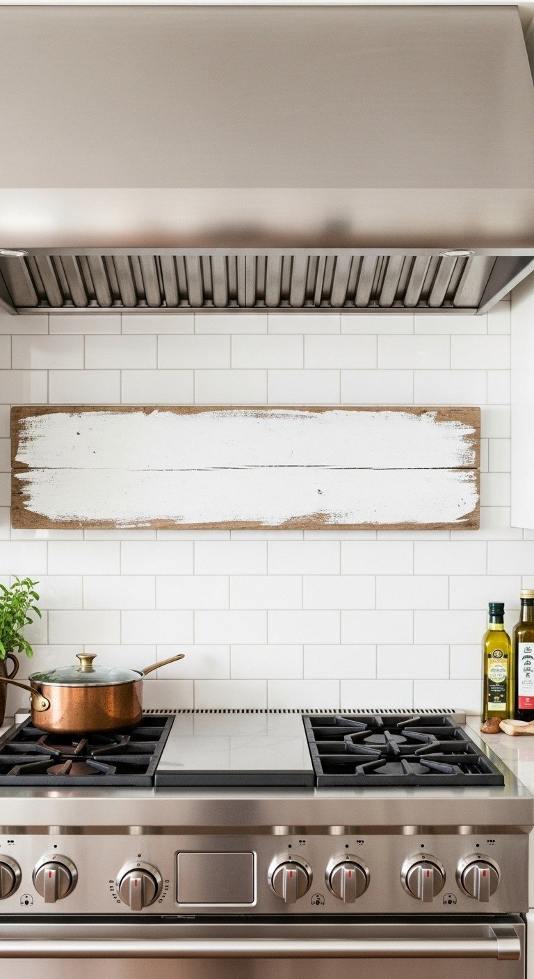 Blank rustic whitewashed wooden sign hanging on a white subway tile backsplash above a kitchen stove with a copper pot.