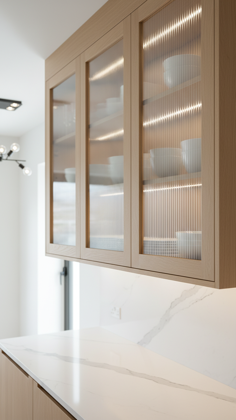 Modern Kitchen Design Fluted Details: 7 Ways To Add Texture 5 Blonde oak kitchen cabinets with reeded glass panels and integrated lighting, highlighting diffused light and tactile modern kitchen design.