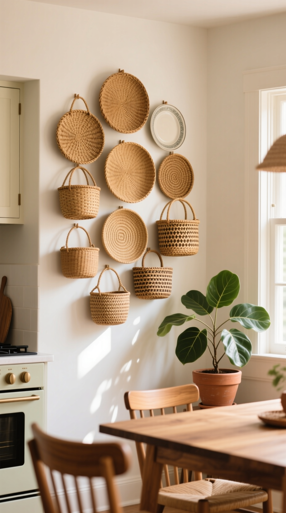 Bohemian wall decor of shallow woven seagrass and rattan baskets hung on a creamy white kitchen wall.