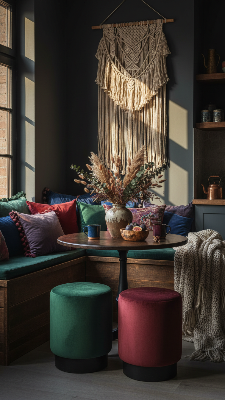Boho Moody Kitchen: Ultimate Guide &Amp; Stunning Design Ideas 17 Boho dining nook with built-in banquette, velvet stools, macrame wall hanging, and jewel-tone cushions in a moody kitchen setting.