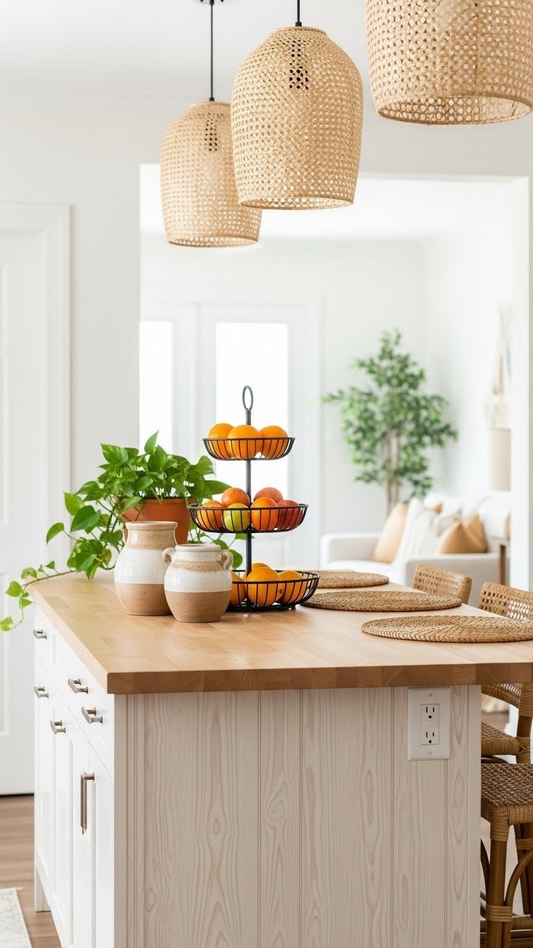 Boho kitchen island with natural wood, ceramic pottery, tiered fruit basket, bohemian plants. Fresh greens, warm creams.