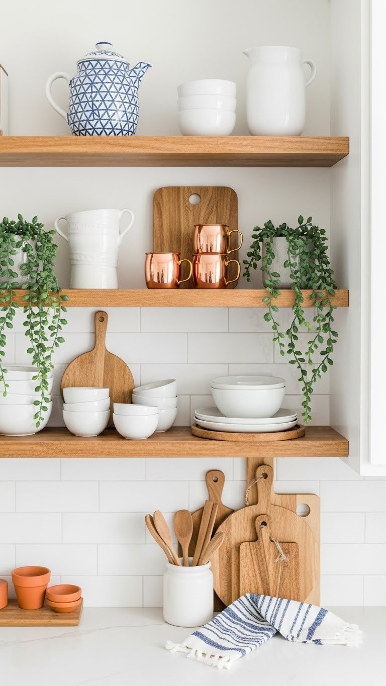 Boho kitchen open shelving: ceramic pottery, copper mugs, trailing plants, wood cutting boards. Organized & clean with natural light.