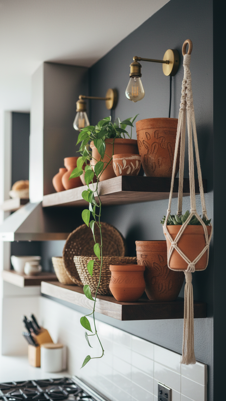 Boho Moody Kitchen: Ultimate Guide &Amp; Stunning Design Ideas 3 Boho moody kitchen with dark wood floating shelves, terracotta pottery, woven baskets, and a trailing plant against a black wall.