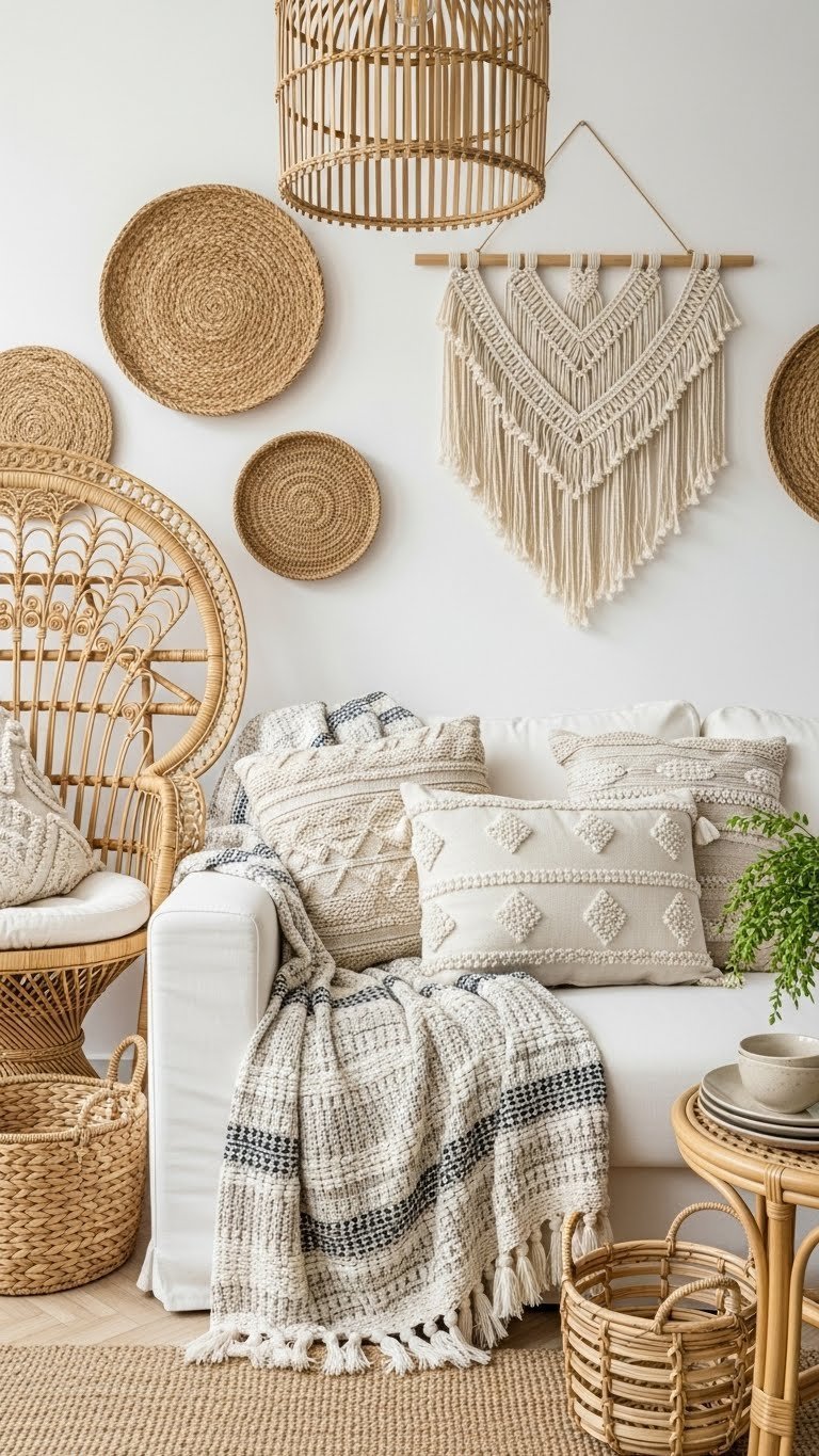 Boho open kitchen living room: natural rattan, wood accents, woven textiles on sofa, ceramic pottery, woven baskets. Bright daylight.
