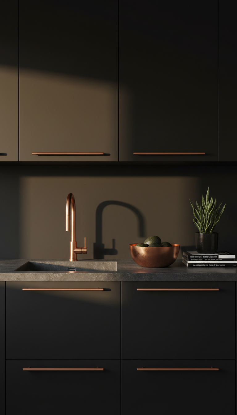 Bold black and copper kitchen featuring sleek matte black cabinets, long copper handles, a copper faucet, and a large copper bowl.