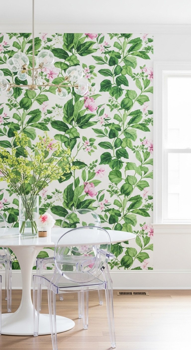 Bold botanical wallpaper with green leaves and pink flowers on an accent wall behind a white tulip table and acrylic chairs.