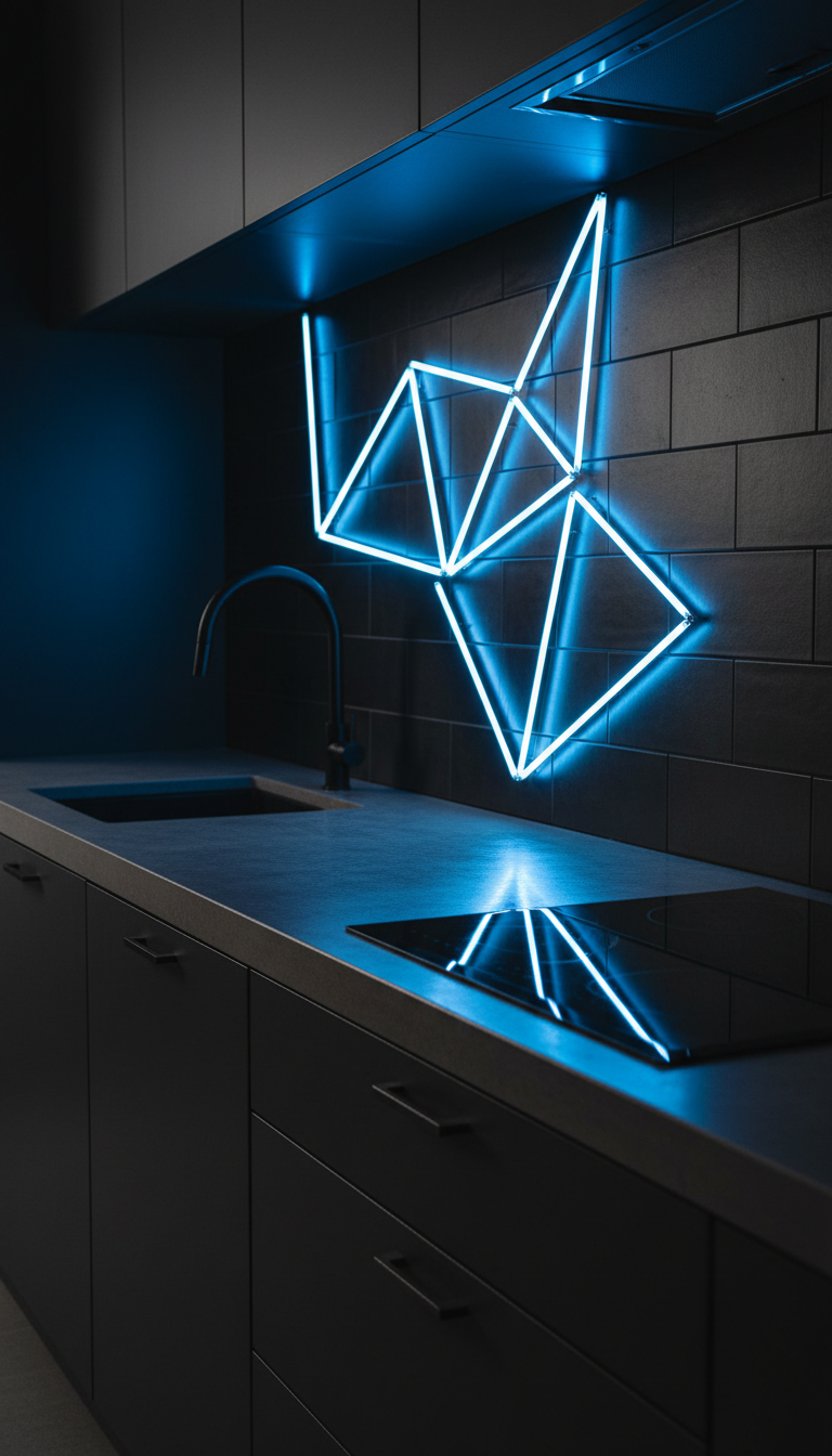 Bold contemporary kitchen: vibrant custom neon art on dark backsplash. Electric blue glow, modern design, concrete counter.