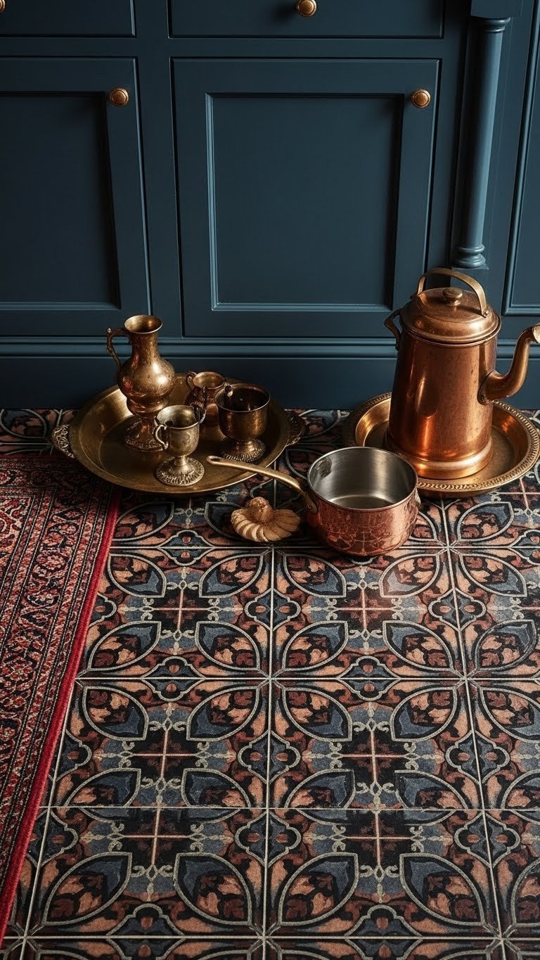 Moody Kitchen Flooring: 11 Essential Ideas To Transform Your Home 9 Bold patterned dark cement tiles (navy, burgundy, black) in classic kitchen. Vintage rug, copper, golden hour light.