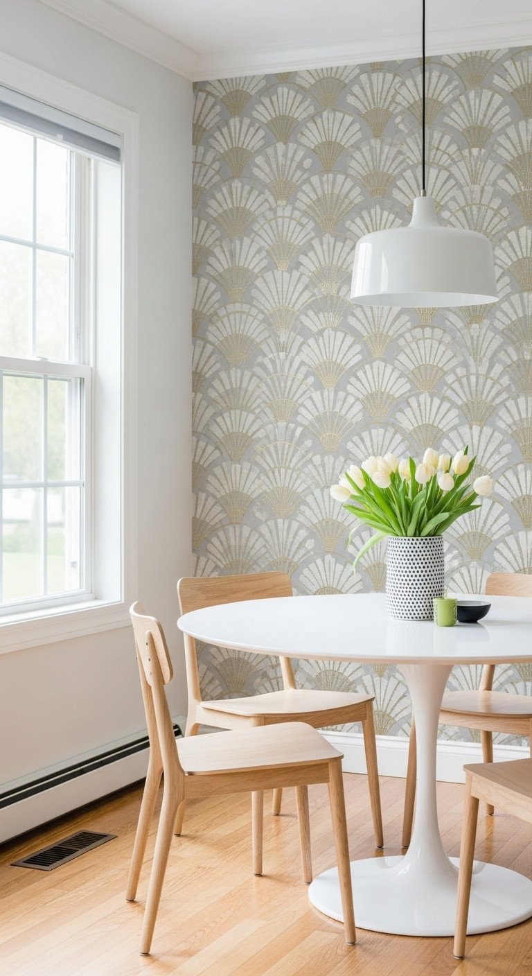 Breakfast nook accent wall with gray, white, and gold Art Deco fan pattern peel-and-stick wallpaper behind a table.