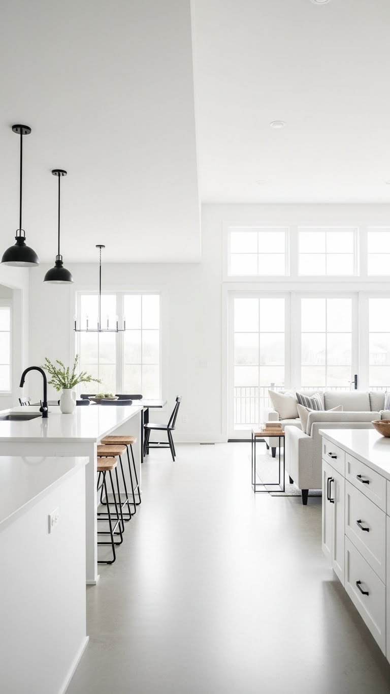 Bright, airy open concept kitchen and living room with crisp white paint, natural light, black accents, and light wood floors.