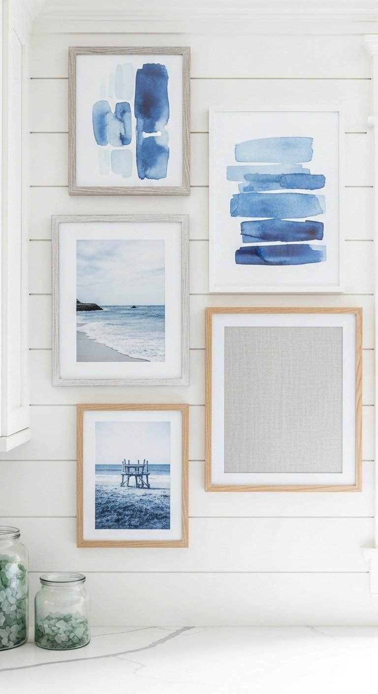 Bright coastal kitchen with a gallery wall of blue watercolor art and photos in weathered frames on a white shiplap wall.