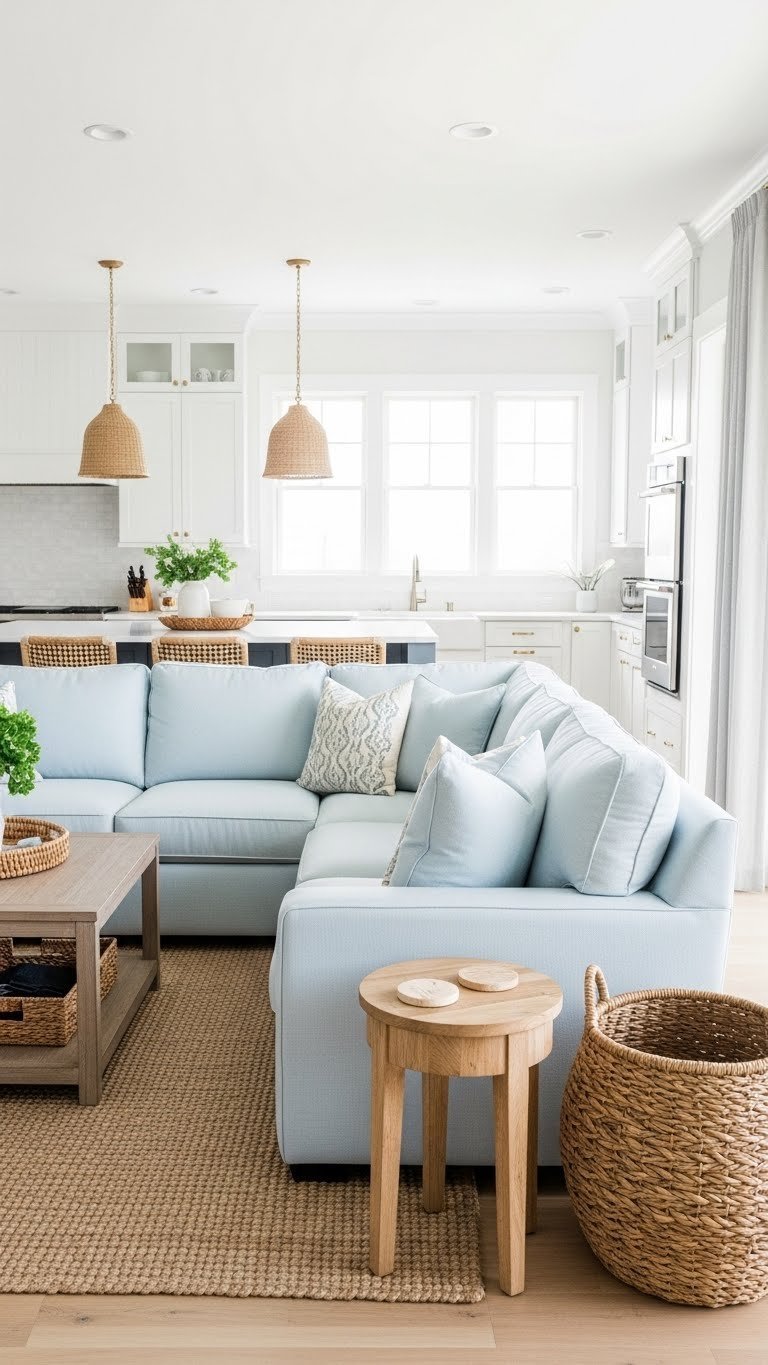 Bright coastal open concept kitchen and living room featuring a light blue sectional sofa, white kitchen island, jute rug, and shiplap accents.