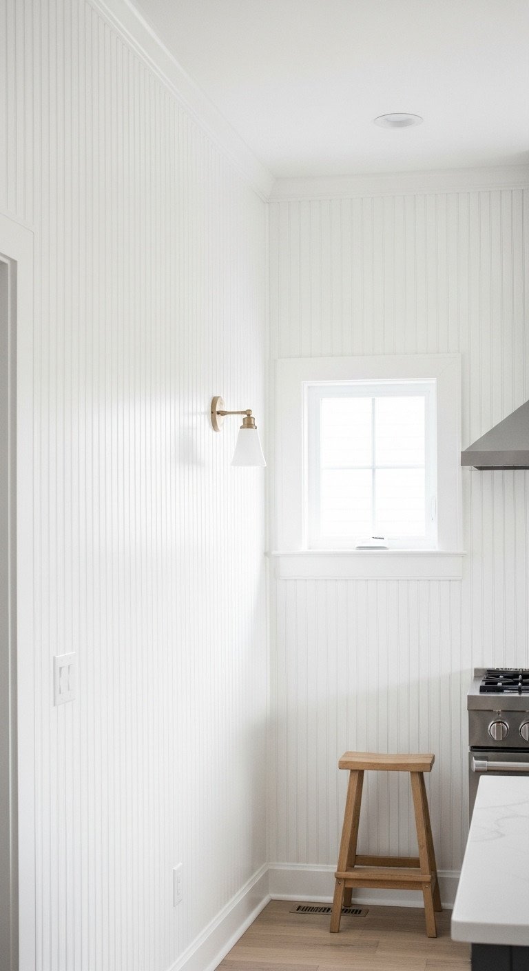 Bright kitchen features tall white vertical beadboard backsplash, small window, stainless range hood, wood stool.