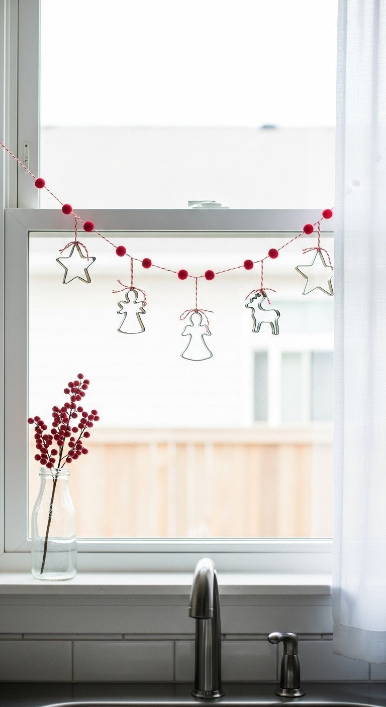 11 Ultimate Nostalgic Christmas Kitchen Decor Ideas 7 Bright kitchen window adorned with felt garland, antique cookie cutters on red twine, a milk bottle vase, and sheer curtains.
