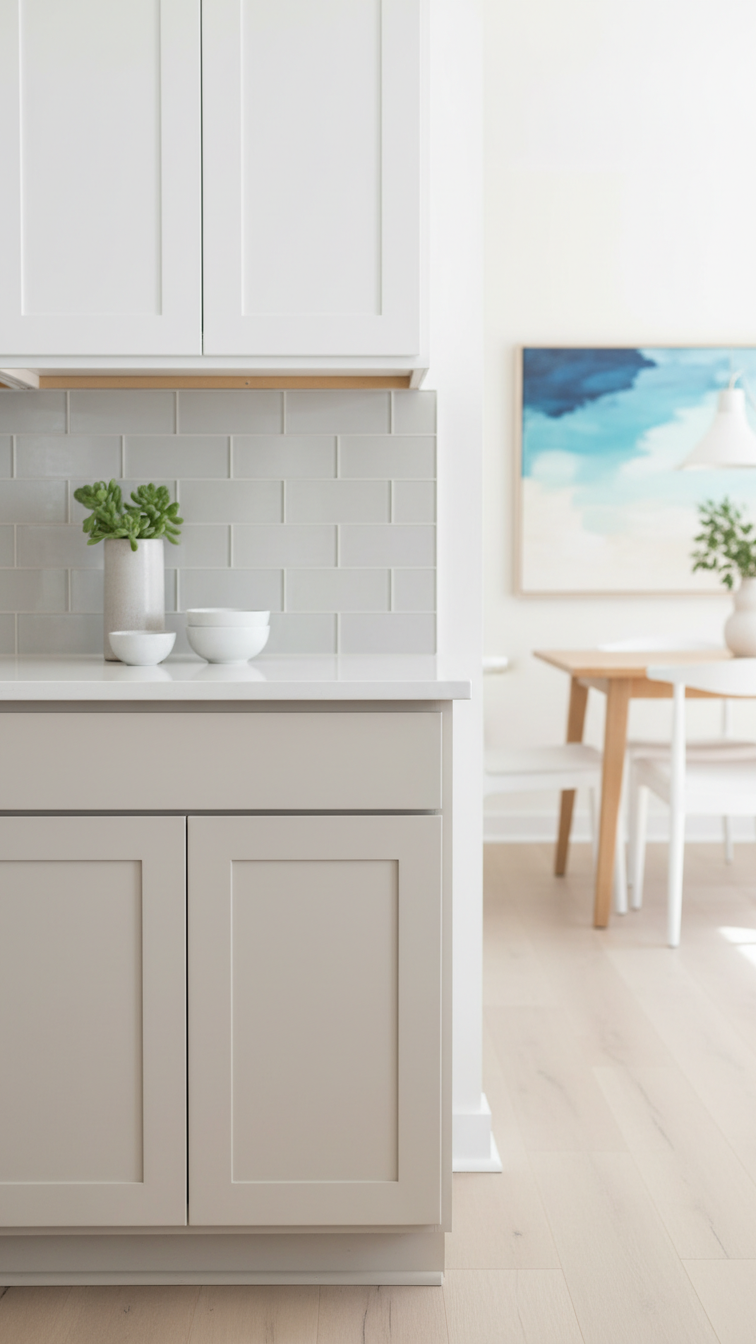 Bright modern beige kitchen: light beige lower, crisp white upper cabinets, soft gray backsplash, white countertop.
