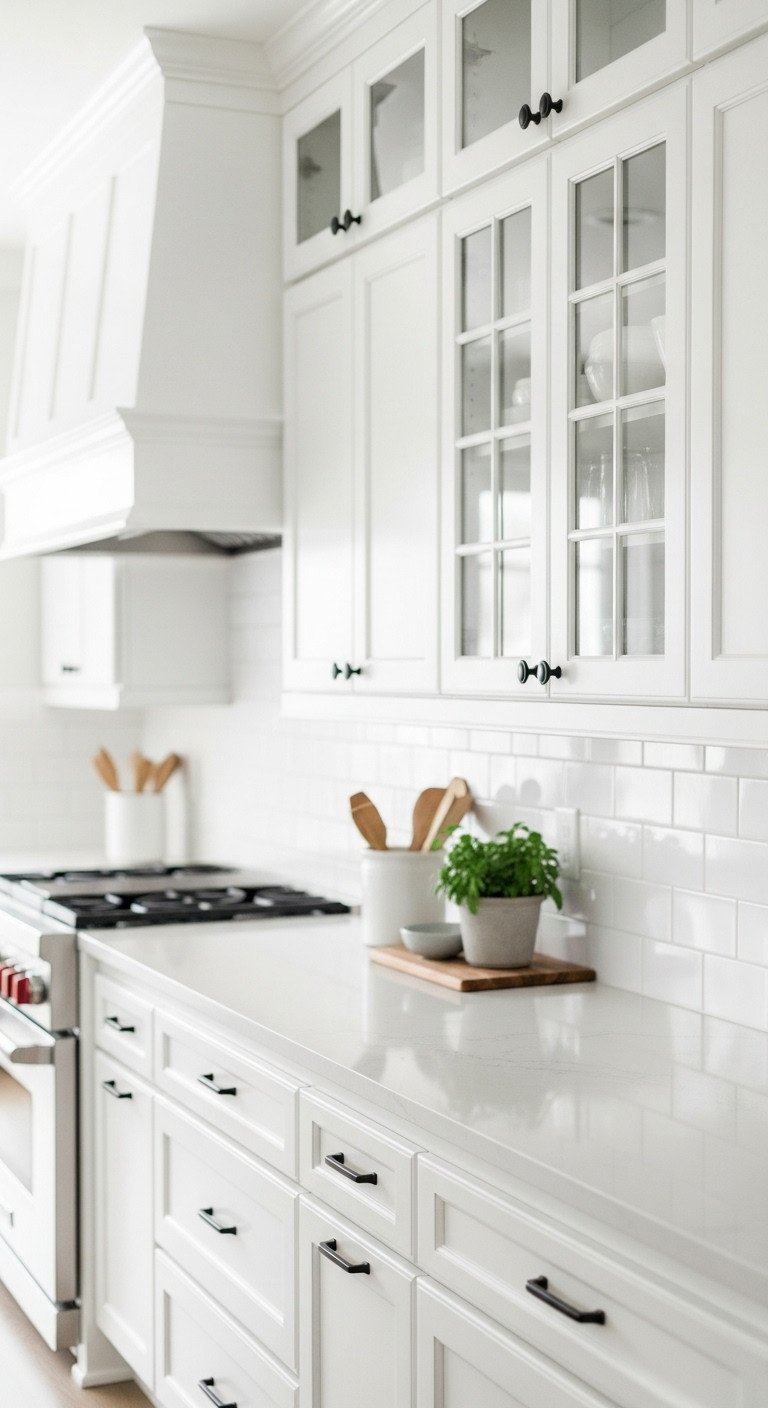 Bright modern farmhouse kitchen with white Shaker cabinets, matte black hardware, and light gray quartz countertops.