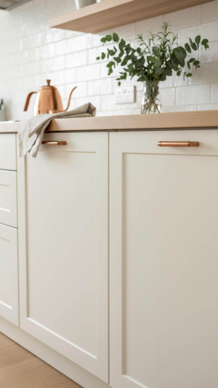 Bright modern kitchen detail: warm off-white cabinets, butcher block countertop, copper kettle, and fresh greenery.