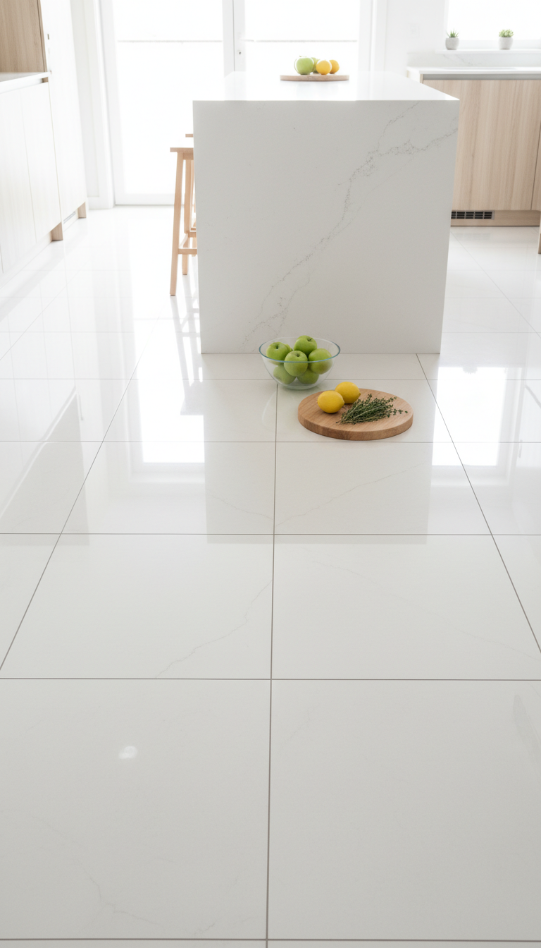 Bright, modern kitchen with expansive light gray polished porcelain large format floor tiles reflecting light and a clean white island.
