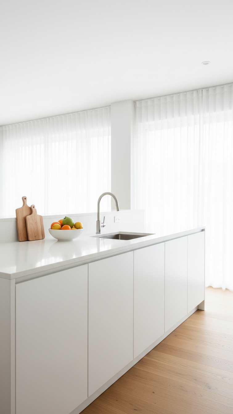 Bright modern kitchen with seamless white flat-panel cabinets, clean white quartz countertop, and a warm wood floor under natural light.