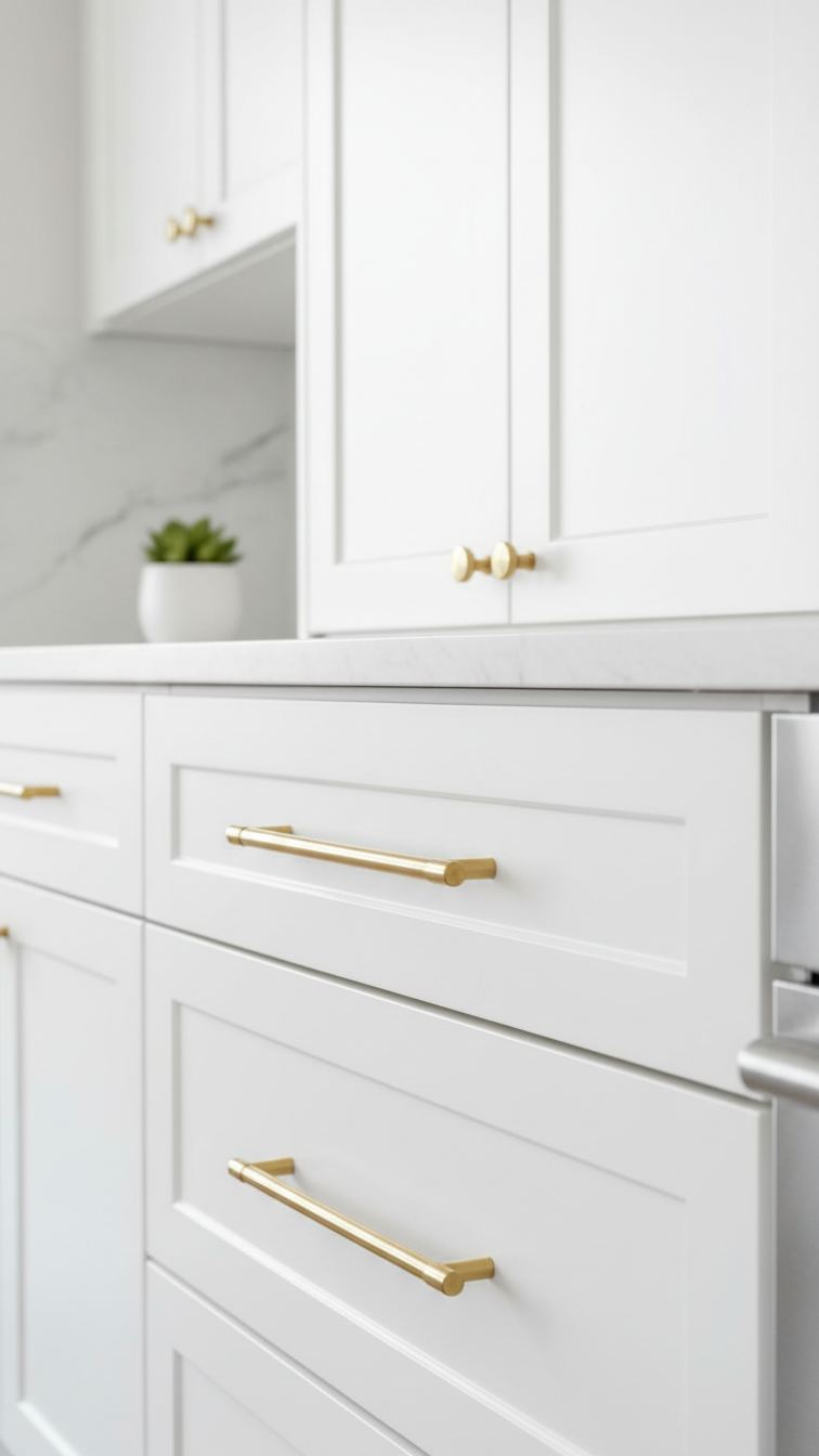 Bright modern kitchen with sleek frameless white shaker cabinets featuring elegant brushed brass pulls and knobs, marble detail.