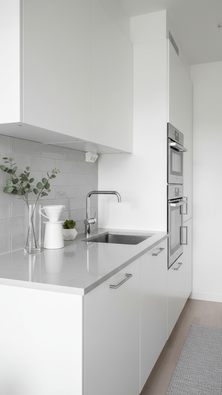 Bright monochromatic modern compact kitchen in white and light gray, creating an expansive, seamless, elegant feel.