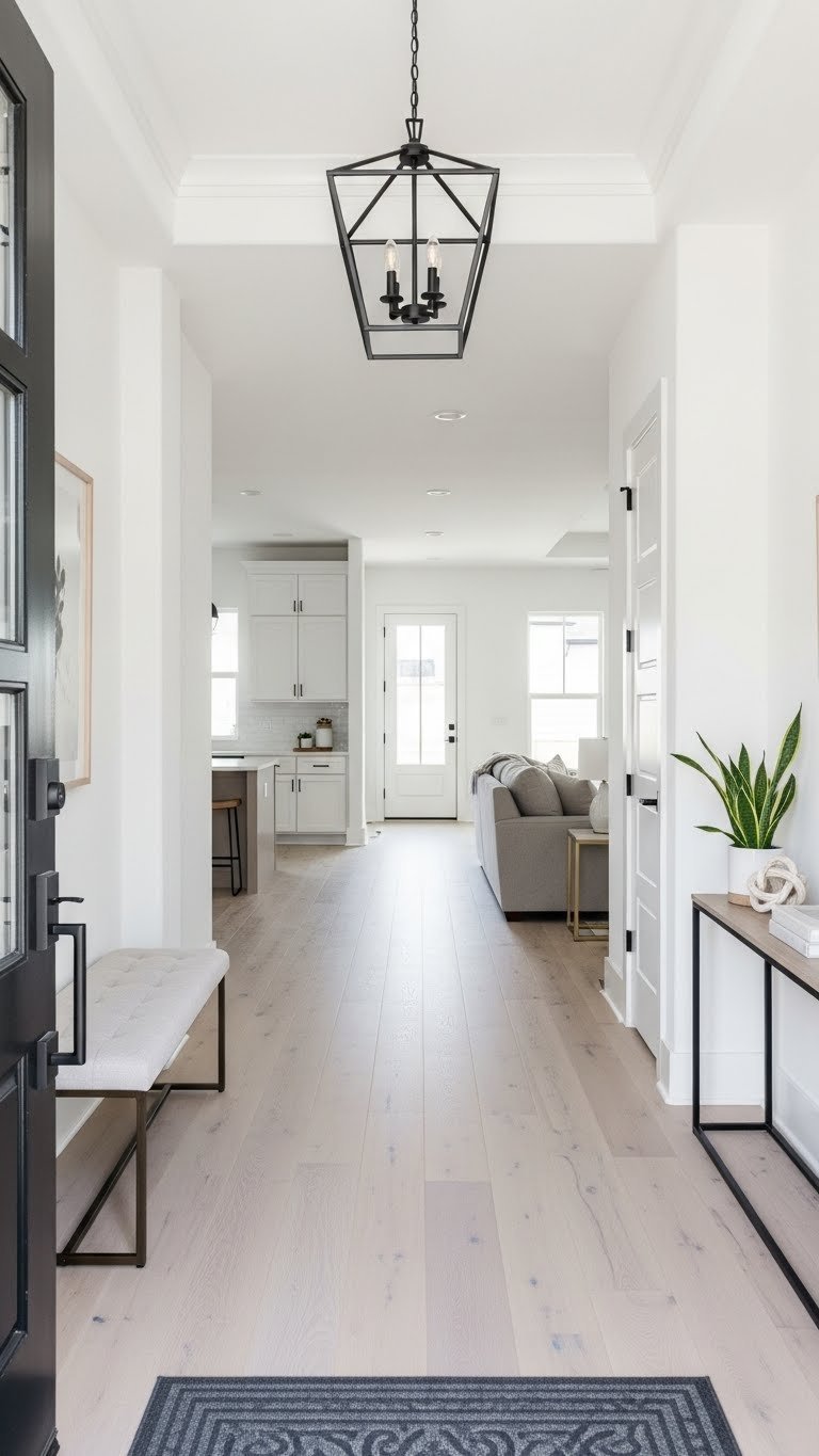 Bright open concept living space with wide, unobstructed pathway from entrance to kitchen. Light wood floor, minimalist decor, neutral tones.