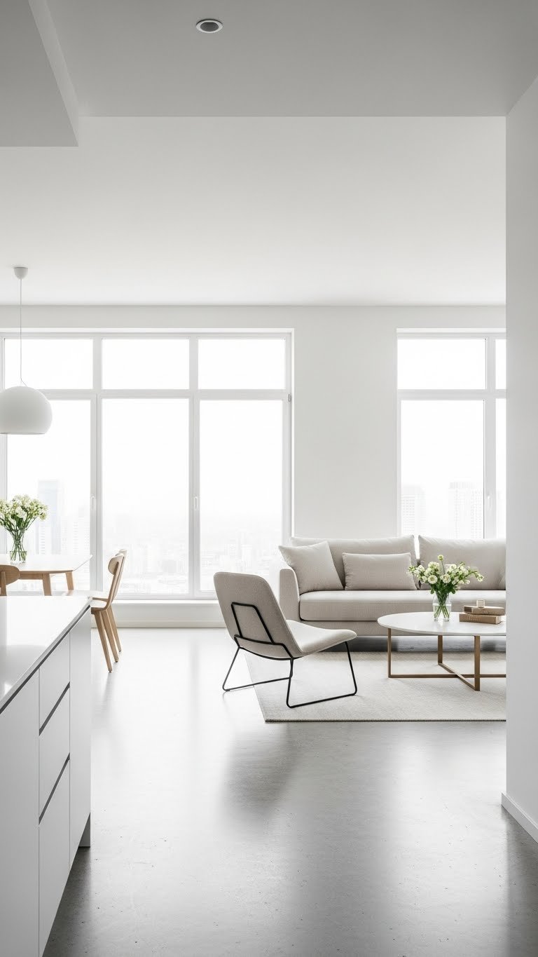 Bright open kitchen and living room L-shape with low-profile sofa, circular coffee table, and city view. Modern minimalist design.