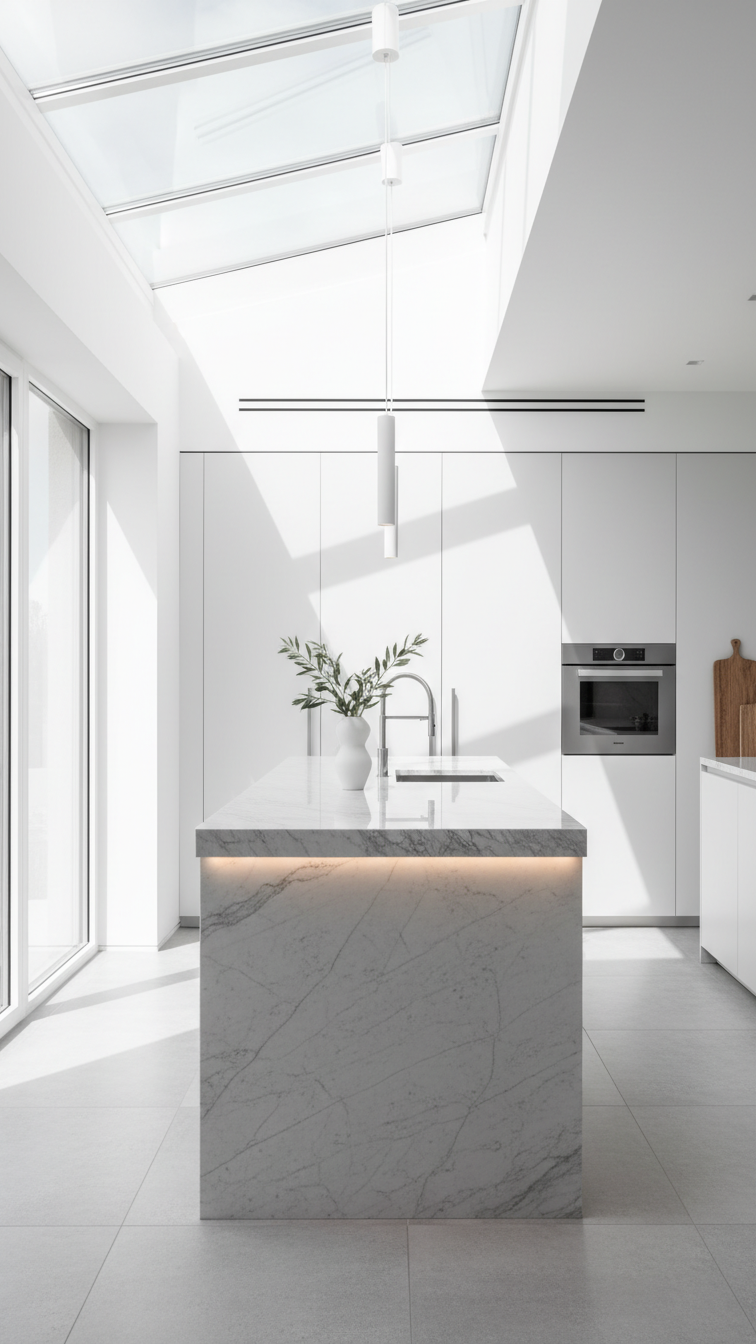Bright open kitchen flooded with natural light from expansive windows, reflecting off smooth white surfaces, minimalist marble countertop.