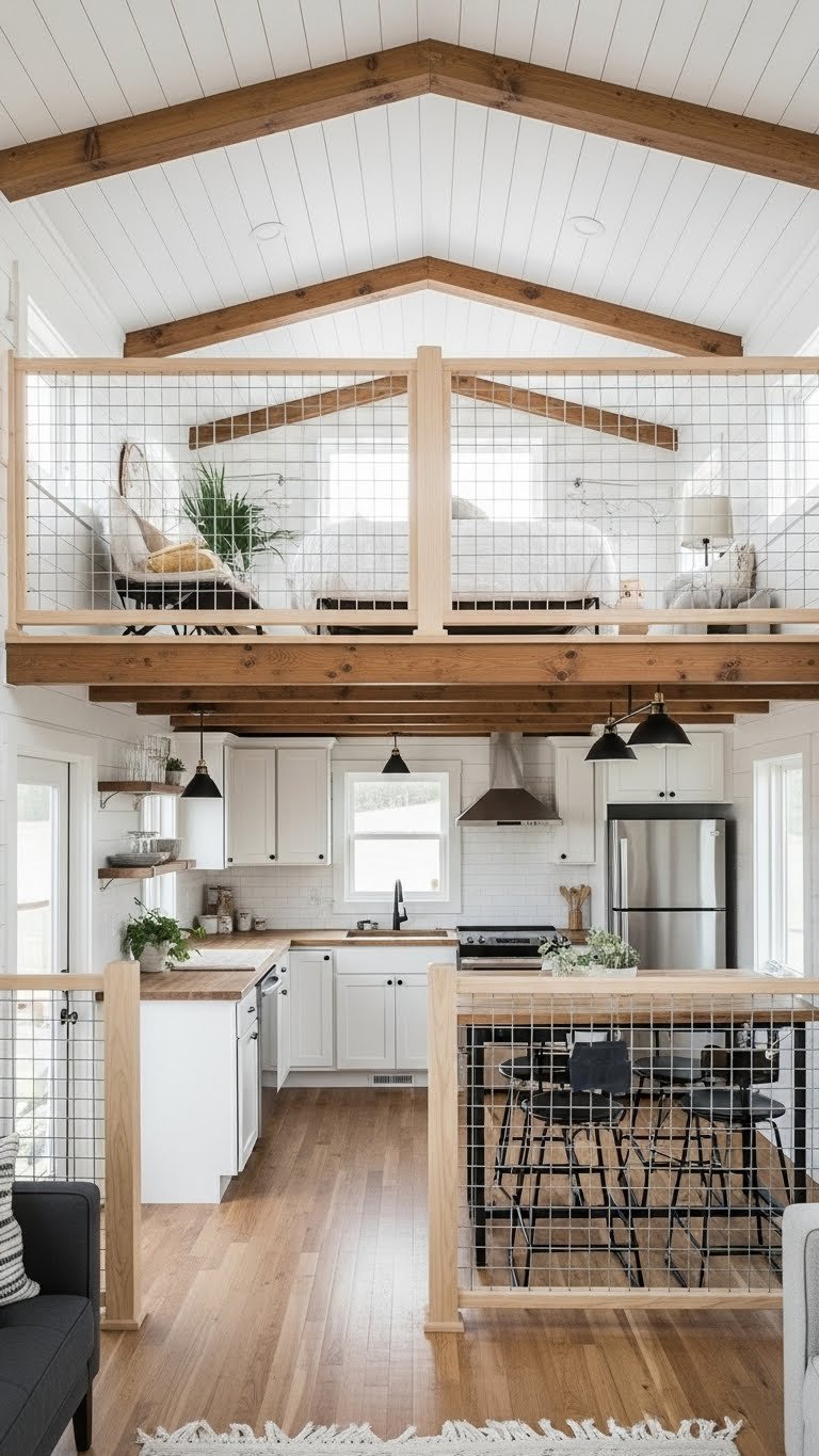 Bright tiny house open concept living room overlooking loft space, highlighting high ceilings, wood beams & modern railing.