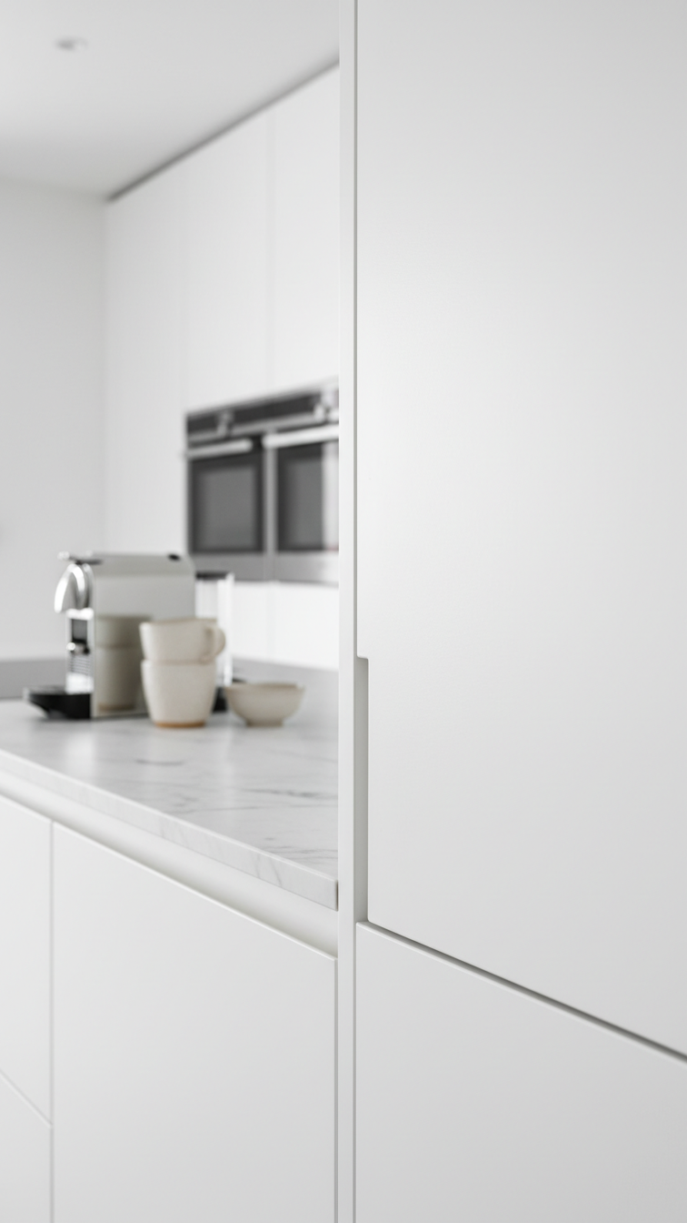 Modern Handleless Kitchen Design: 11 Ideas For Seamless Style 4 Bright white handleless kitchen cabinet door, slightly ajar with push-to-open mechanism, on a marble countertop. Sleek modern design.