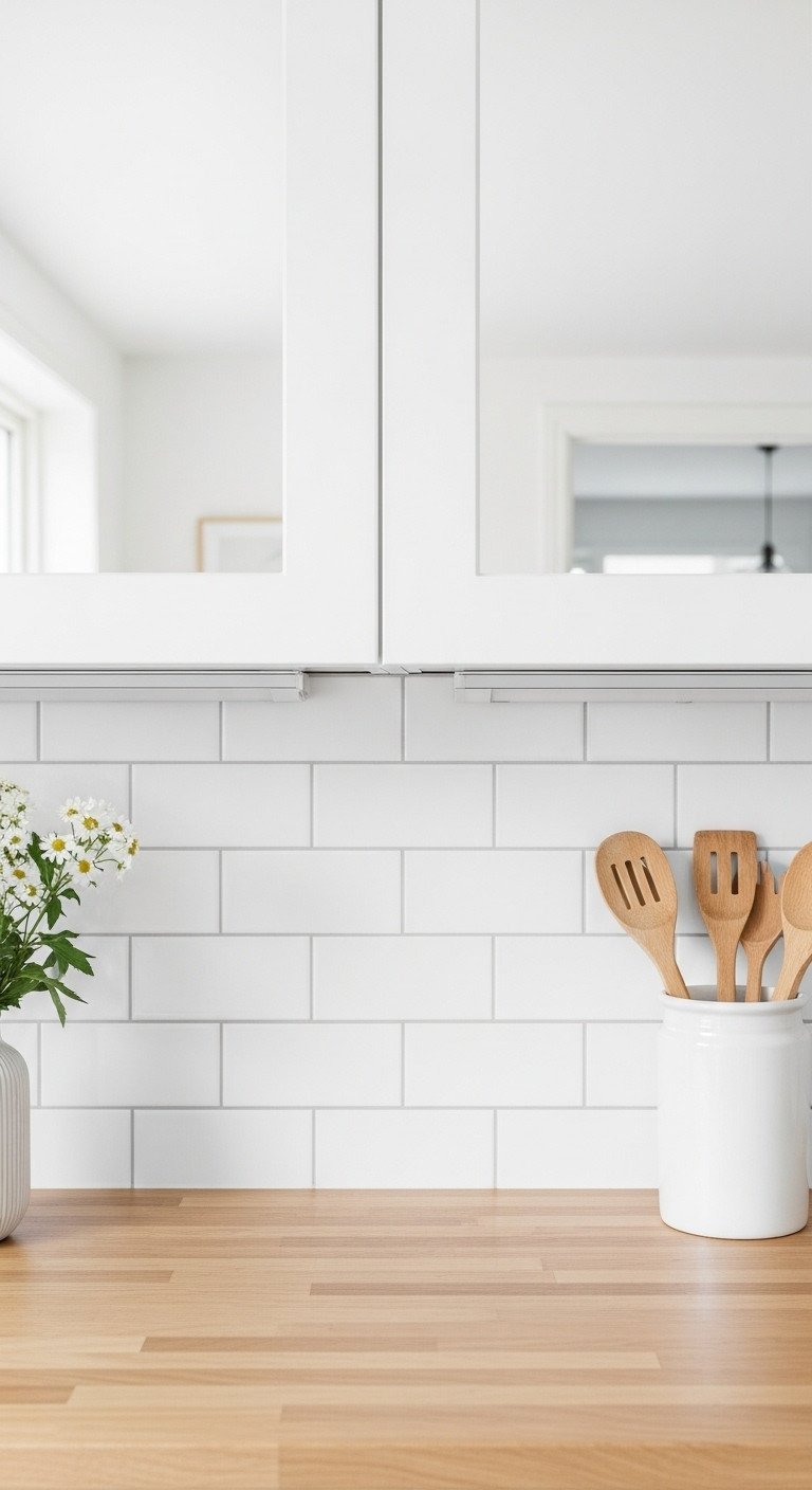 11 Brick Backsplash Ideas And The Essential Sealing Guide 9 Bright white thin brick backsplash with uniform texture in a minimalist Scandinavian kitchen, featuring wood counters and white flowers.