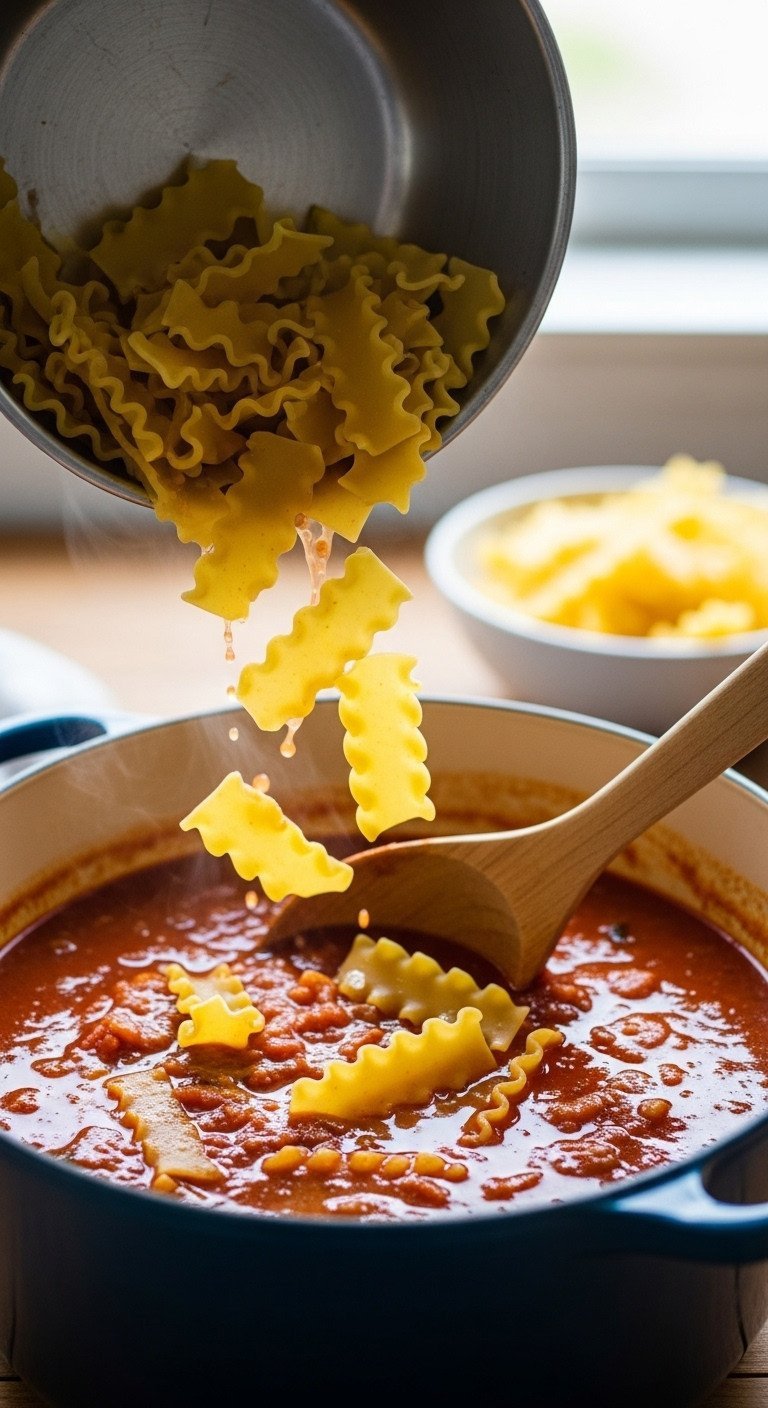 Lasagna Soup One Pot Recipe With Foolproof Noodle Tips 5 Broken lasagna pasta pieces being poured into simmering red chunky soup in a dark blue stockpot; wooden ladle ready.