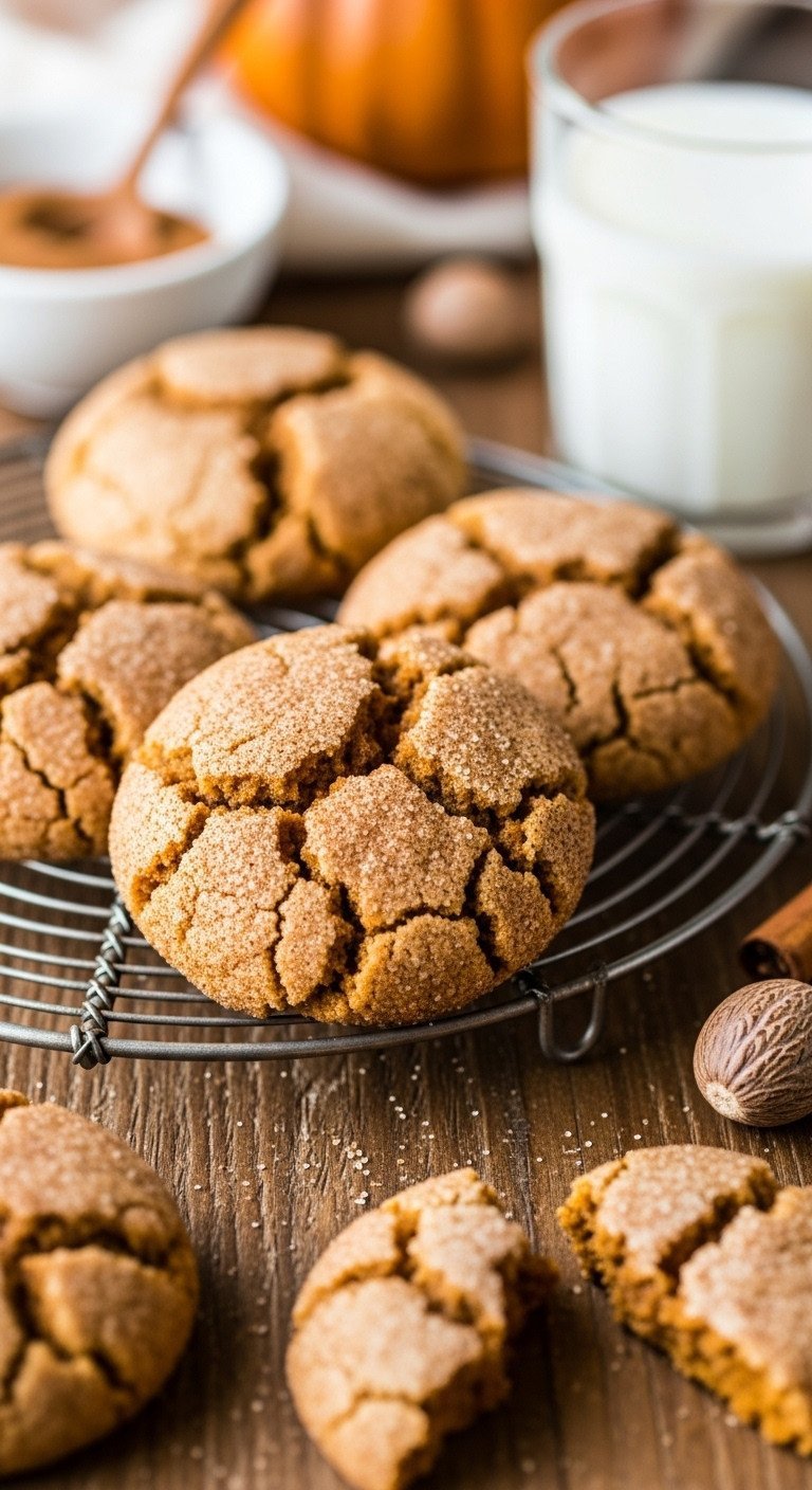 Brown Butter Pumpkin Snickerdoodle Cookies, chewy with cracked cinnamon-sugar crust, on a wire rack with milk.
