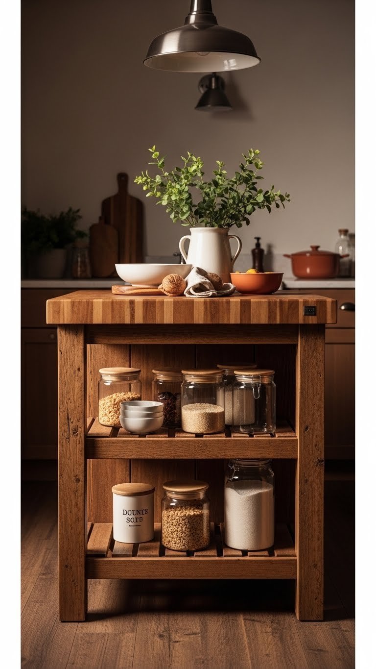 Budget-friendly kitchen island: reclaimed wood, open shelving, rustic charm. Earthy terracotta, natural wood tones.