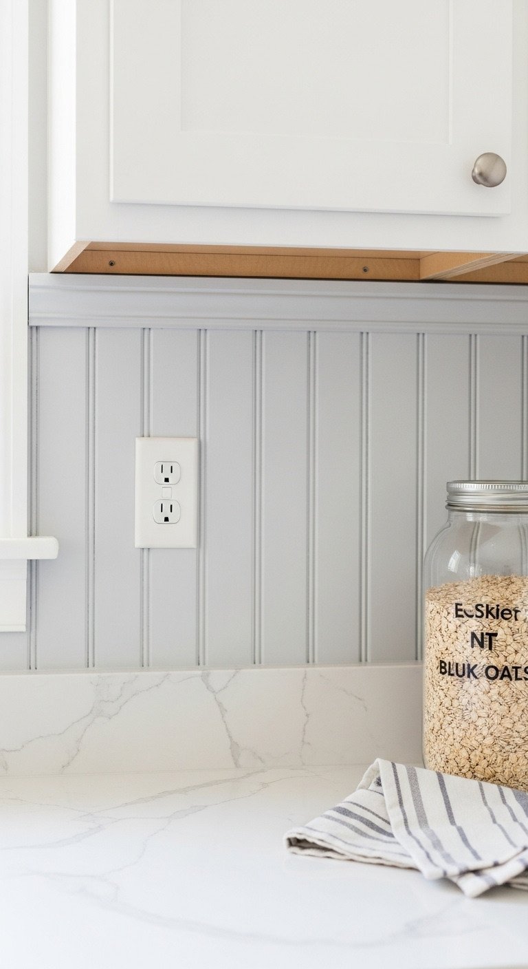 Budget kitchen with light gray MDF beadboard backsplash, laminate countertops, towel, and jar of oats.