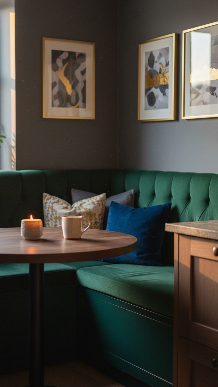 Built-in emerald green velvet banquette nook with dark wood table and storage, creating a cozy dining space in a small kitchen.