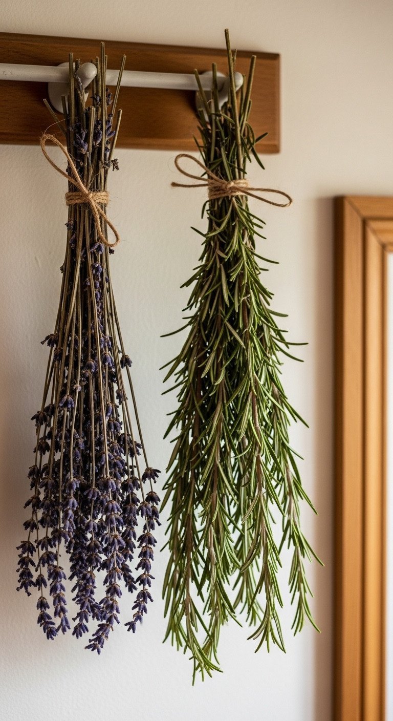 Beautiful Cottage Core Kitchen Decor Ideas For A Cozy Space 9 Bundles of dried lavender and rosemary tied with jute twine hang from a wooden peg rail on a cream wall in a rustic kitchen.